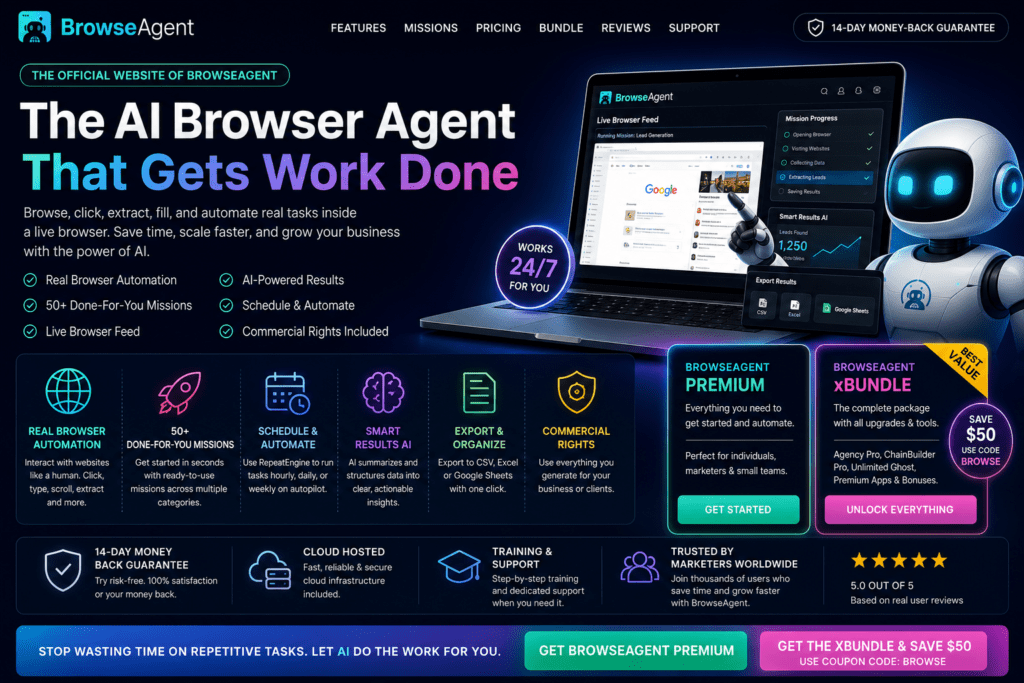 BrowseAgent official website featuring AI browser automation, lead generation, workflow automation, and xBundle pricing.