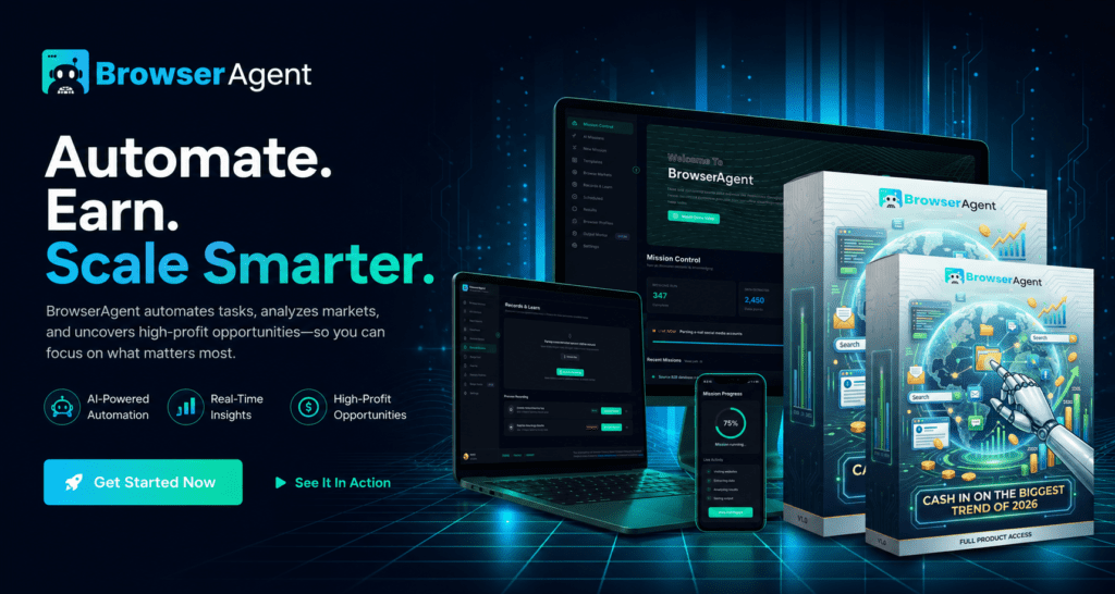 BrowserAgent AI homepage hero banner showing the BrowserAgent dashboard, laptop, desktop monitor, mobile interface, and product boxes highlighting AI browser automation, workflow automation, market research, and business productivity.