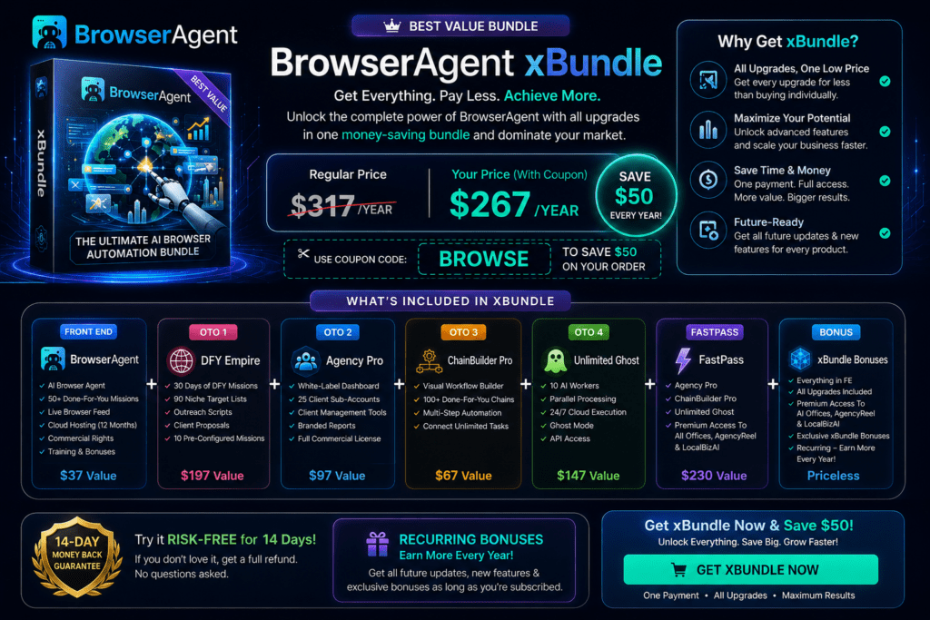 BrowserAgent xBundle bundle offer banner showing the complete BrowserAgent package with Front-End, DFY Empire, Agency Pro, ChainBuilder Pro, Unlimited Ghost, FastPass, exclusive bonuses, coupon discount, and annual bundle pricing for AI browser automation.